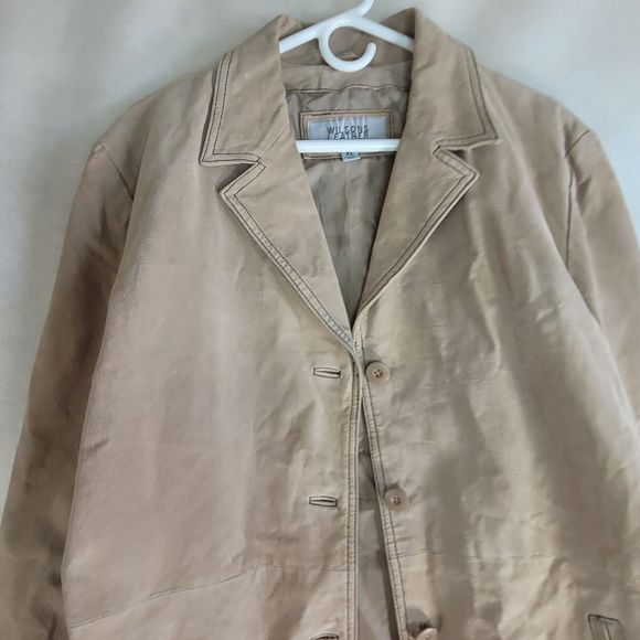 Vtg Wilsons Leather MAXIMA Womens XL Tan Long Coat Jacket Lined Button - Picture 7 of 12